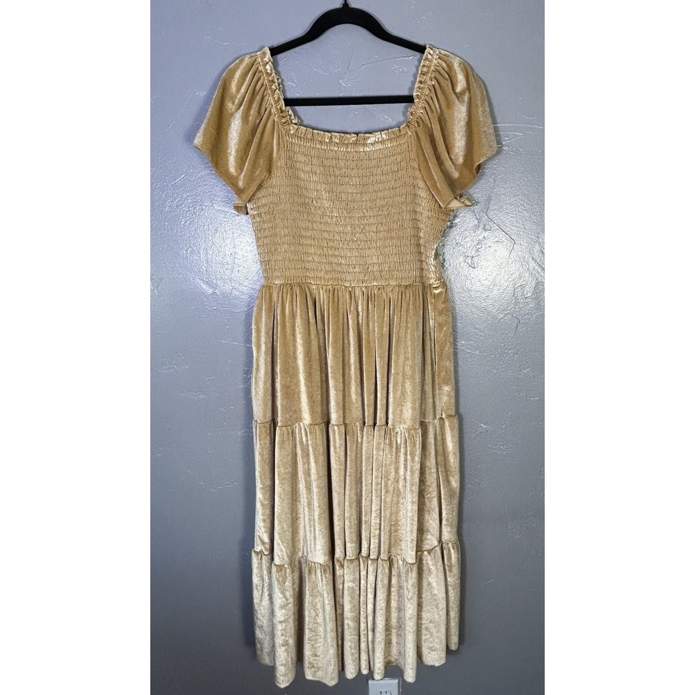 Baltic Born gold velvet midi dress shirred bodice Tiered Skirt Size L